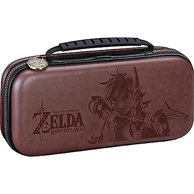Deluxe Zelda Link Travel Case, Premium Hard Case Made With Koskin Saddle Leather Embossed With Zelda Breath Of The Wild Art, 2 Game Cases, Brown - Nintendo Switch
